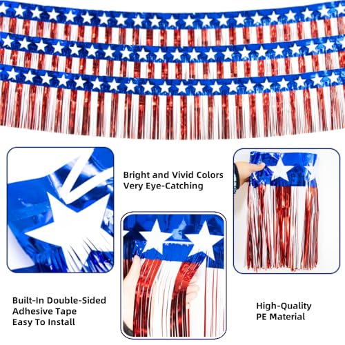 Image of 4th of July Decorations 4 Pack 40Ft Tinsel Foil Fringe Garland Streamers Hanging Red White Blue Fringe Backdrop Banner for Parade Floats Decor 4th of July America Patriotic Day Memorial Day