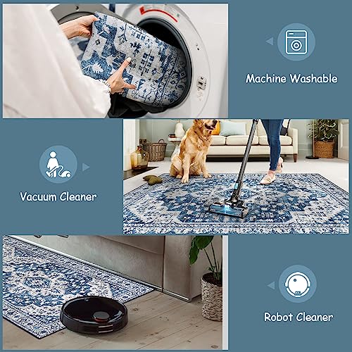Moynesa Ultra-Thin Washable Vintage Area Rug - 4x6 Living Room Rug for Bedroom Office, Low Pile Non Slip Oriental Laundry Bathroom Mat Indoor Floor Carpet for Entrance Kitchen Mudroom