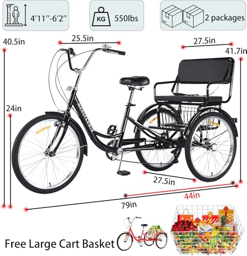 Image of Adult Tricycle Foldable with Child seat 3 Wheel Bicycle for Ladies Tricycle with Basket with Back seat 20 /24in Bikes Maximum Load 550lbs Shock Absorbing Fork Adult-Unisex (24in-7speed-black)