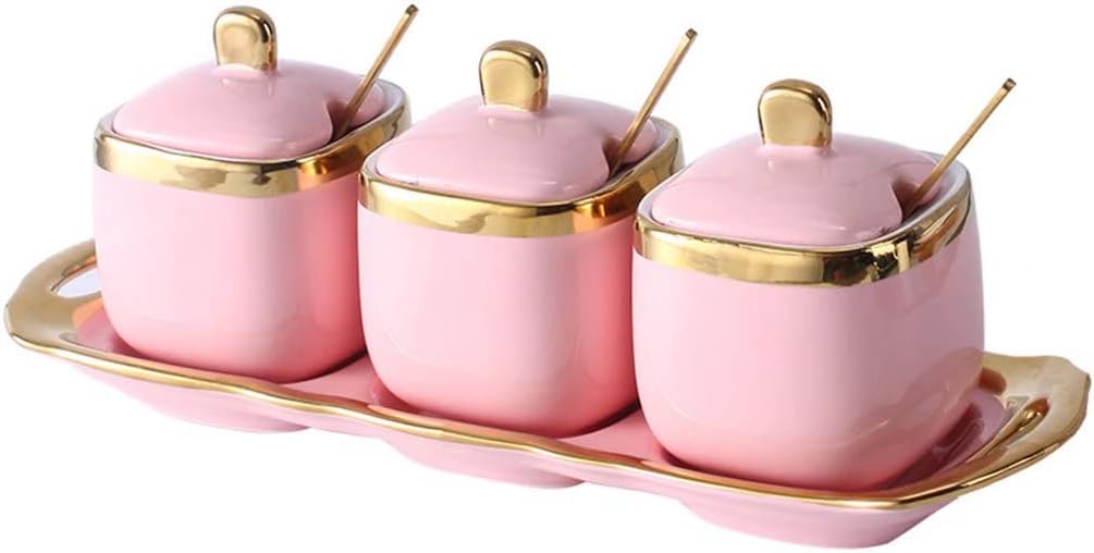 Ceramic Spice Pot, Seasoning Box Set with lid, Spoon, Storage Tray, Three-Piece Seasoning Pot (Powder)