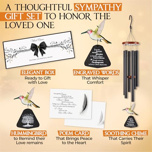 Image of 32 Inch Hummingbird Memorial Wind Chimes Outdoor, Sympathy Gifts for Loss of Loved One, Memorial Gifts for Loss of Mom, Sympathy Wind Chimes for Mother, Father, Brother, Sister