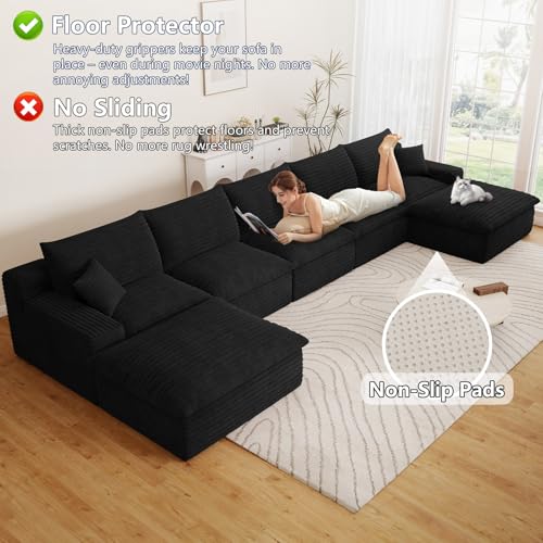 Image of 165 inch Cloud Couch Modular Sectional Sofa for Living Room, U-Shape Boneless Couch with Deep Seat, Modern Corduroy 5-Seater with Ottomans, No Assembly Required, Black