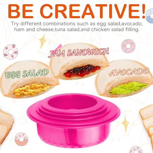 Image of Sandwich Cutter and Sealer - 5 PCS Decruster Sandwich Maker - Peanut Butter and Jelly Crustless Sandwich Bread Pancake Maker Cookie Cutter (Round Fuchsia and FruitPicks)