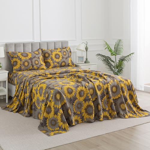 Image of Sunflower Muslin Bed Sheets Queen Size, Shabby Yellow Floral Chic Soft Farmhouse Sheet Set, Neutral Luxury Cottage Bedding, Grey Flower Deep Pocket Fitted Sheet, 100% Washed Cotton, 4Pcs