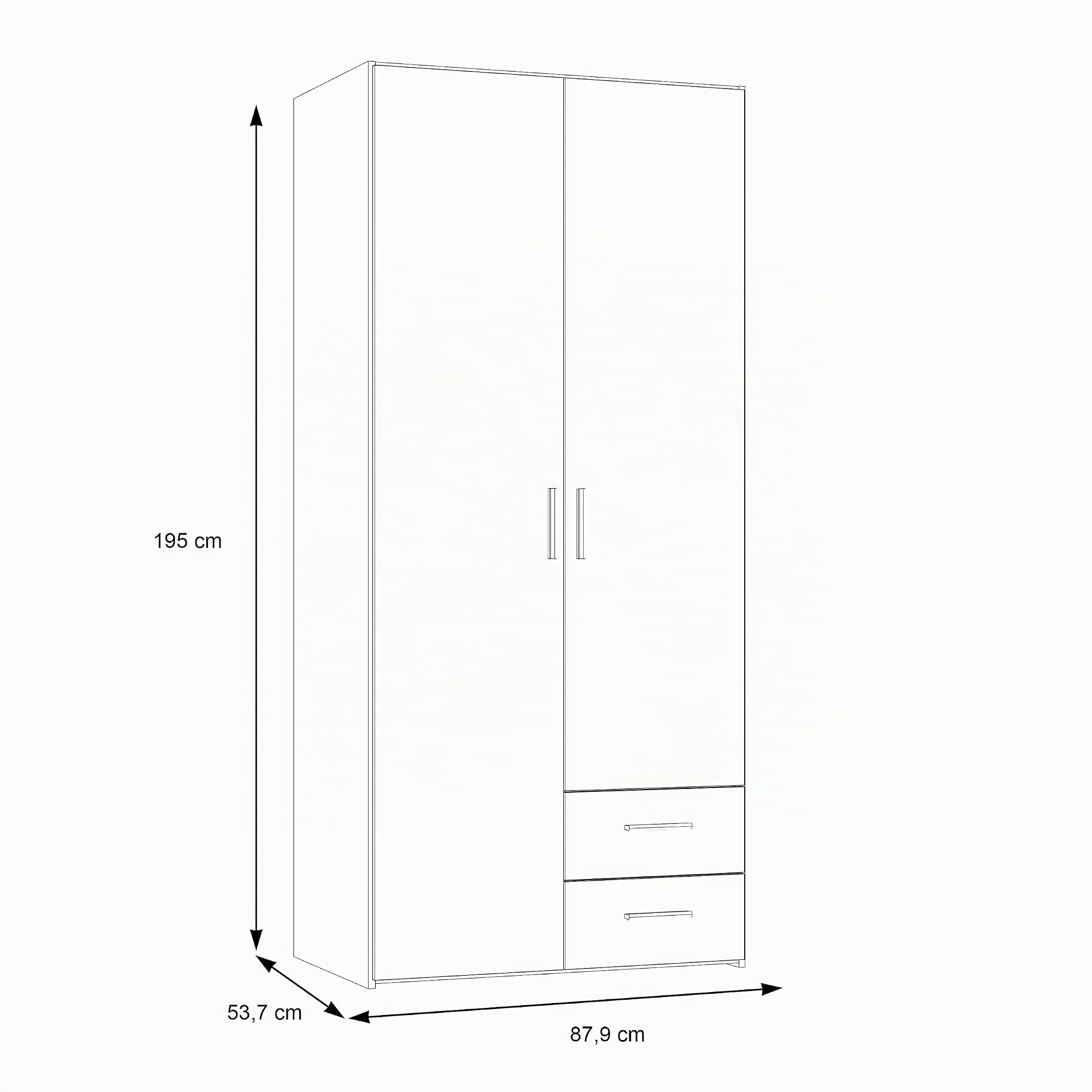 FORTE TELANE Kleiderschrank 80 90, Moderner Kleiderschrank, 2-türig, 2 Schubladen, Drehtürenschrank, Holzwerkstoff, Weiß/Beige, 87,9 cm breit x 195 cm hoch x 53,9 cm tief