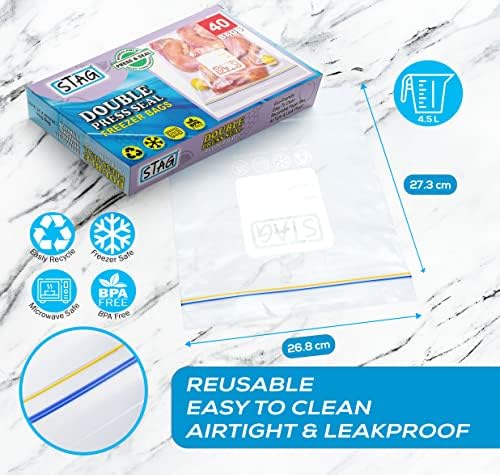 STAG 40 X Double Zipper Freezer Bags, Large Ziplock Bags, Resealable Sandwich Bags, Reusable Food Storage Bags, Smell Proof Clear Plastic Bag, Grip Seal Zip Lock Bags