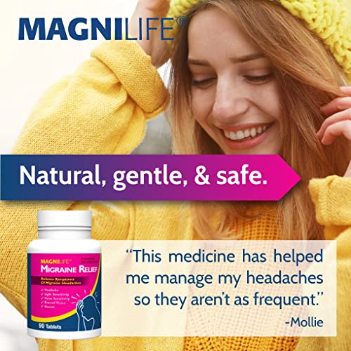 Image of MagniLife Migraine Relief, Non-Habit Forming, 90 Homeopathic Tablets, Migraine Medicine for Light & Sound Sensitivity, Nausea, Blurred Vision & Pressure, Quick-Dissolve Headache Pain Relief