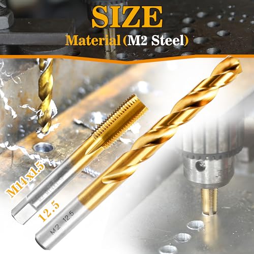 Image of M14x1.5 Tap and 12.5mm Drill Bit Kit, M2 HSS Metric Drill and Tap Set, Combination of Drill and Tap Kit for Metal