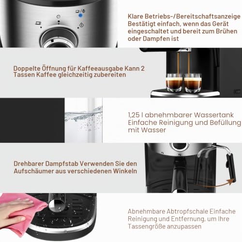 Foto von Bonsenkitchen Espressomaschine mit Siebträger, 1450W Hohe Leistung Edelstahl Kaffeemaschine, 15 Bar Siebträgermaschine für Espresso, 1.25L Cappuccino und Latte Machiato, CM8902