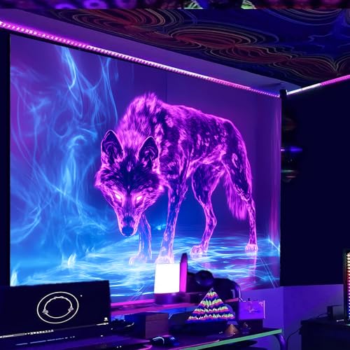 Image of Nuxovilar Neon Wolf UV Reactive Tapestry, 78.74 inchx59.05 inch Polyester | Wolf decor, neon art, blacklight tapestry, animal backdrop for bedroom, dorm, game room (Neon wolf print)