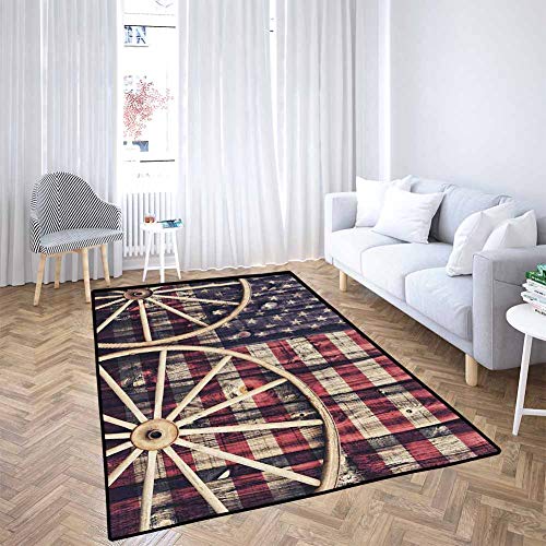 Tumbling Mat Western Big Antique Cart Carriage Wheels with American Flag in Retro