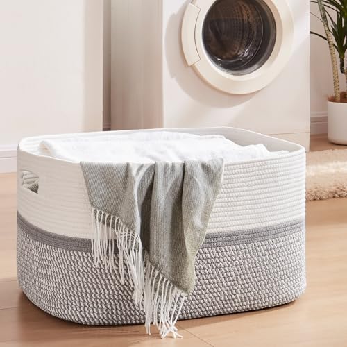 Image of OIAHOMY Large Blanket Basket, 22 inchx17 inchx12 inch Rectangle Woven Baskets, Nursery Blanket Storage Living Room, Toy Storage With Handle, Large Baskets for Organizing-Grey /White