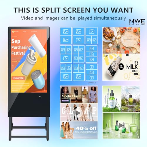 Image of JIYANG 32 Inch Indoor Digital Signage Display,Floor Standing Advertising Digital Kiosk with Wheels,Portable LCD Poster Totem Support HDMI Input,Split Screen,Timed Open /Off,Android System