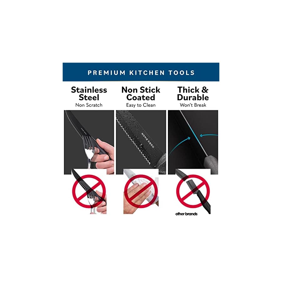 Home-Hero-Serrated-Steak-Knives-Set-of-12-High-Carbon-Stainless-Steel-Dishwasher-Safe-Steak-Knife-Set-Sharp-45-Blade-Non-Stick-Coated-Anti-Rust-12-pcs-Damascus-Style Home Hero Steak Knives, Sharp Steak Knives Set, High-Carbon Stainless Steel Steak Knife Set, Ergonomic Handles Serrated Steak Knives (12 Pcs - Black)