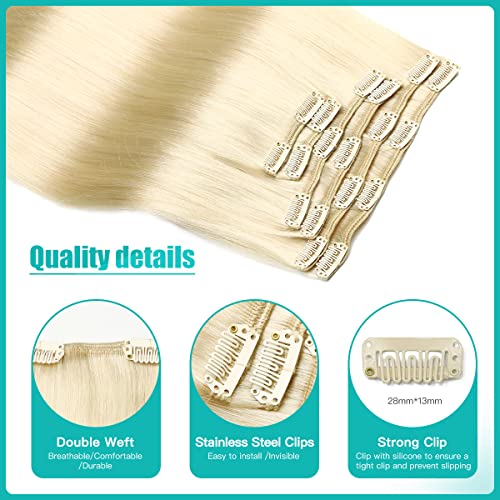 SURNEL Human Hair Clip in Extensions Blonde Clip in Hair Extensions 22 Inch Color 60 Platinum Blonde Long Straight Hair 6 Pieces Clips Hair Extensions for Thin Hair 120g (C#60 - Image 2