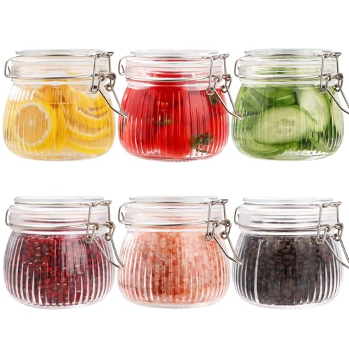 FoiiLiio 6 Bocaux En Verre HerméTique 500ml,Bocal En Verre à Rayures Avec Couvercle à Clip,Bocal à conserves à clip,Marinage Pickles Herbes éPices Confiture Conserves