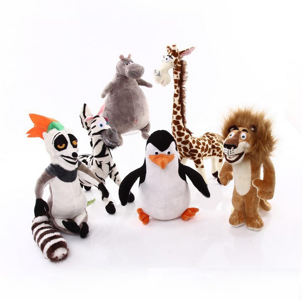 FIASHCN Movie Madagascar Penguins Plush Toy Cartoon Figure Lion Giraffe Penguin Zebra Hippo Pillow Dolls for Kids Gift 25cm 6 Pcs