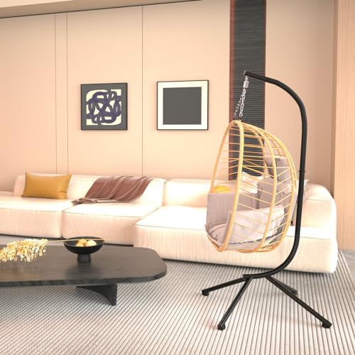 Varvind VA-012BE-1-VC Hanging Egg Chair With Stand Patio Hammock Swing Chair, Basket Wicker Rattan Adjustable Height Uv Resistant Indoor Outdoor Use 350Lbs Beige Grey thumb #6