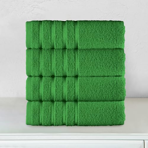 Image of Elegant Comfort 100% Turkish Cotton 4 Lines Viscose Stripe Luxury 4 Pack Hand Towel Set - Ultra Absorbent and Soft 16 x 28 Inch Premium Hotel Spa Quality Towels for Everyday Bath Use, Emerald Green