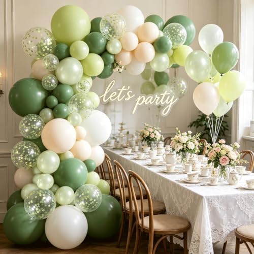 Image of Blocesa Sage Green White Balloons Arch Kit Double Stuffed, Party Decor. | Olive /Sage Green Pearl Green White Beige Confetti Balloons. for Birthday Baby Shower Bridal Shower Wedding Jungle Decor.