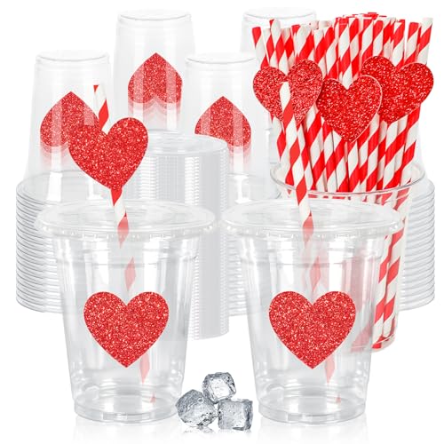 JarThenaAMCS 50Pcs Valentines Day Disposable Plastic Cups with Lids and Straws 12oz Red Heart Glitter Party Cups Cold Beverage Drinking Cups for Wedding Birthday Party Supplies
