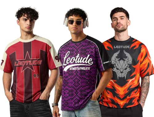 Image of LEOTUDE Men's Fire Flame and Skull Graphic Printed Oversized Polyester