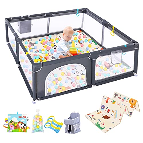 Image of JHTOPJH Baby Playpen with Collapsible Play Mat, Indoor Vard 50pcs Pit Ball, Pen Soft Book,Anti-Fall for Toddler, Sturdy Children's Fence(Gray), 16.0 Ounce