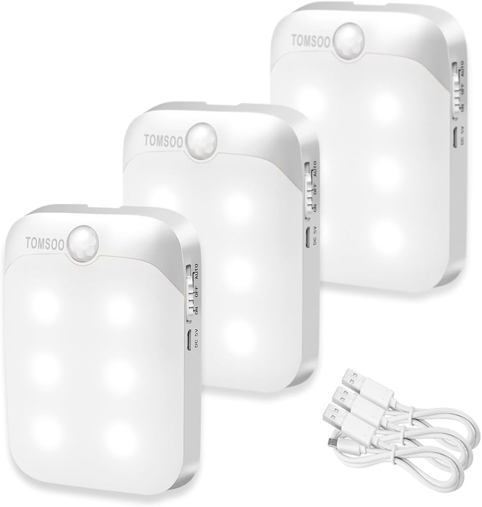 TOMSOO Rechargeable Motion Sensor Light, Stick Anywhere Smart Motion Activated Closet Light, Indoor LED Night Light for Wall/Stair/Kitchen/Bathroom/Laundry Room/Hallway/Wardrobe (3pcs)