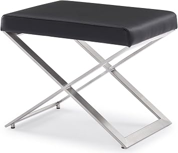 ZURI Modern Fenix Ottoman - Black Leatherette with Brushed Stainless Steel