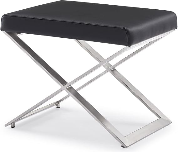 ZURI Modern Fenix Ottoman - Black Leatherette with Brushed Stainless Steel