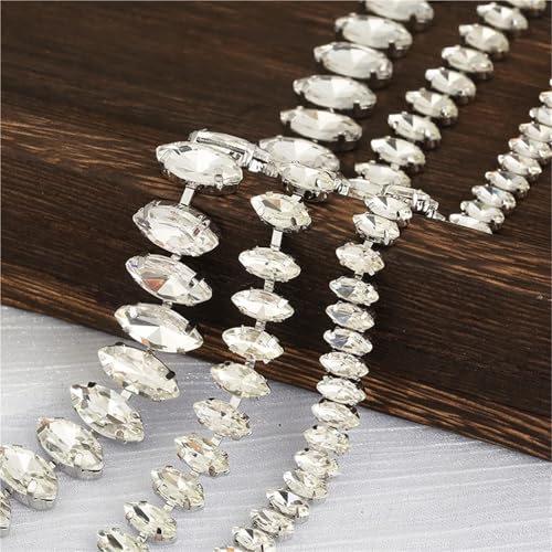Chaîne de fermeture avec strass ovales haut de gamme, base argentée pour création de mode