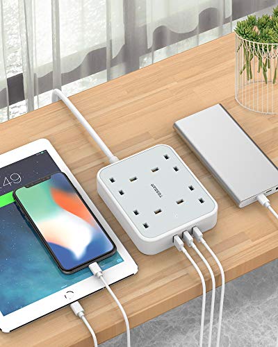 Extension Lead with 3 USB Slots, TESSAN 13A 4 Way Multi Plug Extension Cable with 2M Cord, Wall Mounted Power Strip Socket for Home, Office Extension Lead with 3 USB Slots, TESSAN 13A 4 Way Multi Plug Extension Cable with 2M Cord, Wall Mounted Power Strip Socket for Home, Office