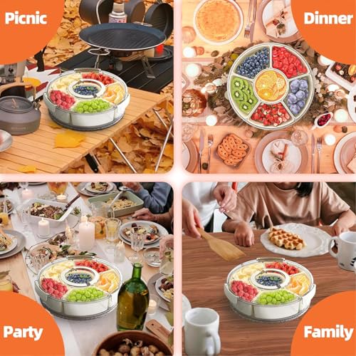 Image of Vasukie Divided Fridge Storage Boxes With 4 Serving Veggie Tray with Lid and Handle, Fridge Organizer with Removable 4 Compartment, Fridge Storage Containers (Rotating Container - 1PC)