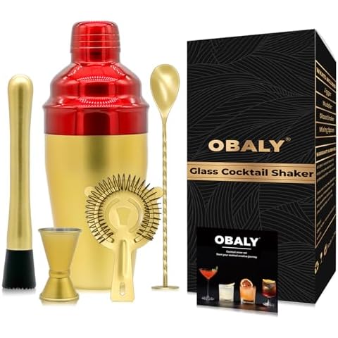 OBALY Bartender Kit 5-Piece Cocktail Shaker-Muddler for Cocktails Boston Shaker-Bar Accessories with Stylish Bamboo Stand Mix Drink Shaker kit Perfect Martini kit Cover