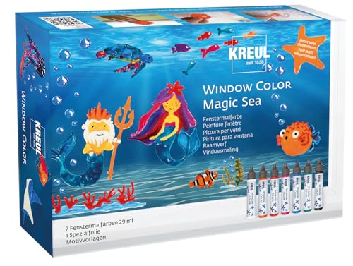 KREUL 42940 - Window Color Set Magic Sea für Kinder 7 x 29 ml Fenstermalfarben Komplettset mit brillanten Farben im Pen und Motivvorlagen