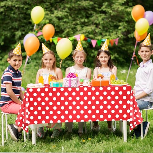 Image of WNINK 2 Pack Red and White Polka Dot Tablecloths - Disposable Plastic Waterproof Table Cover, 54 inch x 108 inch, for Birthday, Wedding, Bridal Shower, Bachelor Party, and Picnic