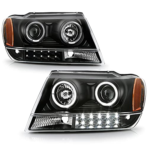 ACANII - For Blk 1999-2004 Jeep Grand Cherokee LED Halo Projector Headlights 99-04 Driver + Passenger Side