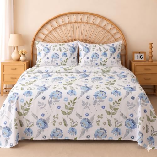Image of IVAZA 240 TC Soft Ezyption Cotton Floral Print King Size Bedsheet - with 2 Pillow Covers, Hypoallergenic, Brethable, (Size- 90 x 90 Inch) White Grey