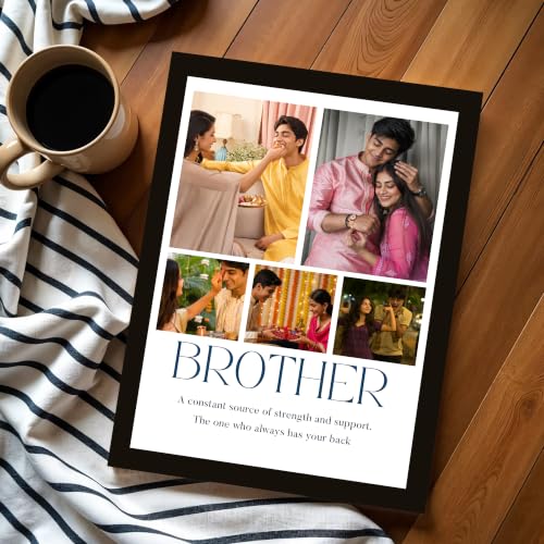 Image of Art Street Personalized Gift for Brother, Rakhi Photo Frame | 5 Image Collage with Custom Text, Customized Photo Frame for Brother, Wall Decor for Bedroom Living Room, A4 Size 8x12 Inch