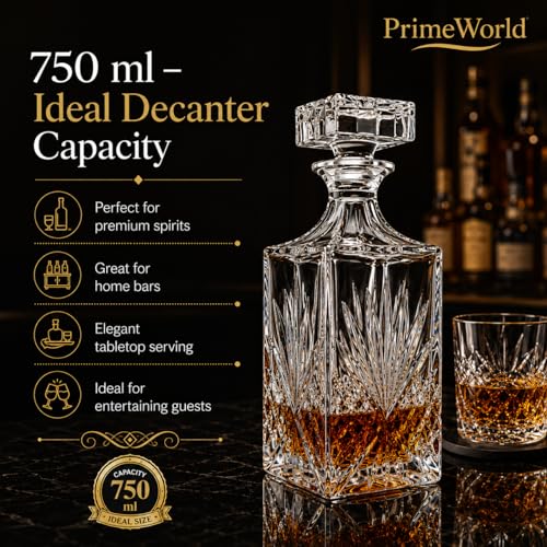 Image of PrimeWorld Whiskey Decanter - Irish Cut | 750 ml Glass Decanter for Scotch, Bourbon, Vodka, Wine & Liquor | Elegant Barware Set of 1