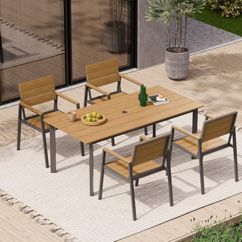 Image of 67 inch Rectangle HDPS Patio Dining Table, Aluminum Outdoor Patio Dining Table with Umbrella Hole, Weather-Resistant for Lawn, Garden, Yard, Poolside and Indoor Use (Gray & Teak)