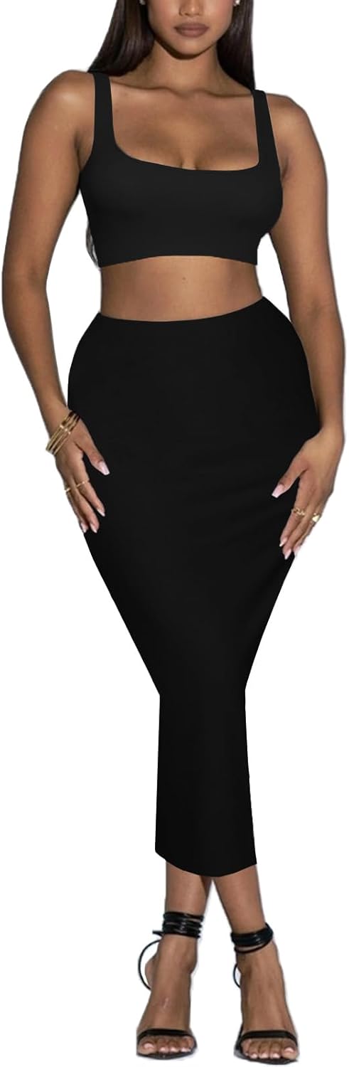 Women's Two Piece Skirt Set - Summer Casual Midi Long Bodycon Pencil Skirts and Crop Tank Tops Club Rave Outfits - Image 2