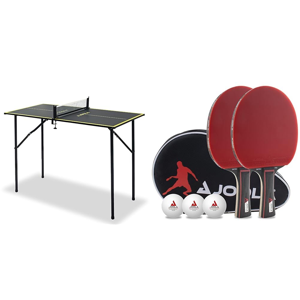 JOOLA Tischtennisplatte Mini - Indoor Tischtennistisch, Freizeittisch Inklusive Tischtennisnetz, Dark-Grey & Tischtennis Set Duo PRO 2 Tischtennisschläger + 3 Tischtennisbälle + Tischtennishülle