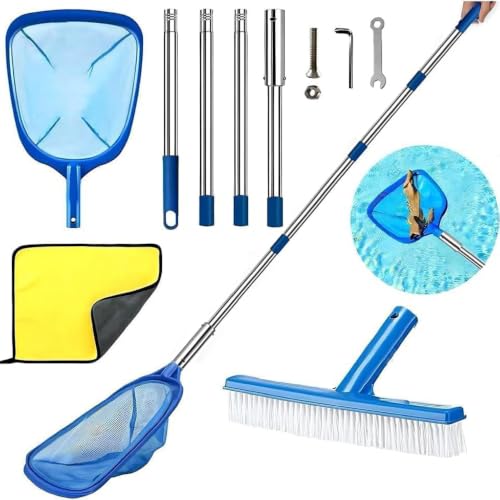 Pool Kescher mit Teleskopstange Teichkescher Feinmaschig Laubkescher Pool mit Poolbürste Bodenkescher Pool Pool Reinigungsset für Schwimmbad Spas Teich Whirlpools Planschbecken (185cm)
