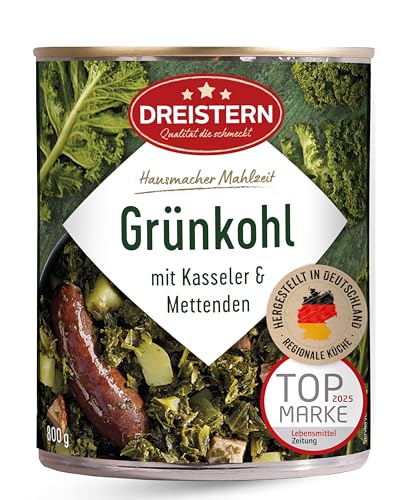DREISTERN Grünkohl 800g I Mit Kasseler & Mettenden I Herzhaftes Fertiggericht in recyclebarer Konservendose I Lange Haltbarkeit dank natürlicher Konservierung I Hausmacher Qualität