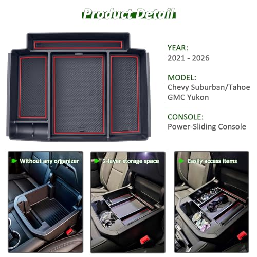 Image of TOPINSTALL 2026 Power-Sliding Console Tray Compatible with 2021-2026 Chevy Tahoe /Suburban /GMC Yukon Accessories, Red Full-Size Armrest Organizer (Not for Standard Console with Charging Socket!)