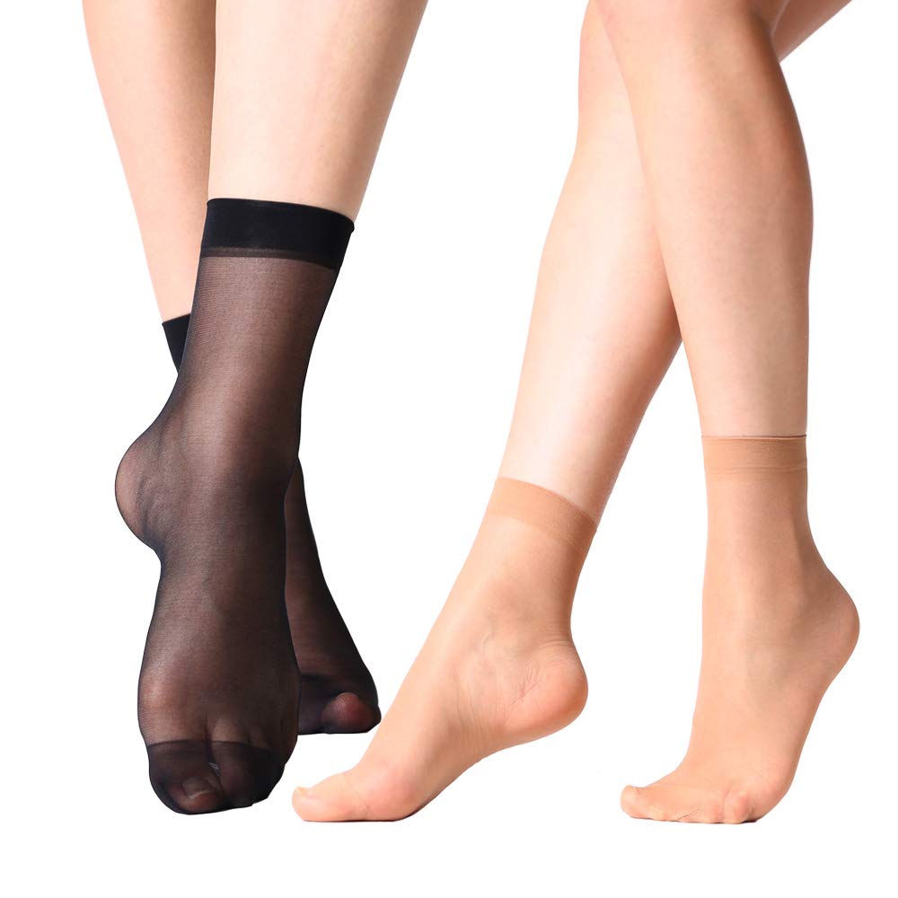 MANZI 12 Pairs Nylon Pantyhose Socks Ankle Sheer Hosiery, Natural/Black, One Size - Image 2 thumbnail