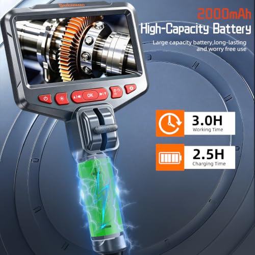 Image of Two-Way Articulating Borescope, 1080P HD Industrial Endoscope Inspection Camera with 8 LED Lights, Mechanical Tool for Automotive, HVAC, Plumbing, IP67 Waterproof & 5ft Semi-Rigid Flexible Snake Probe