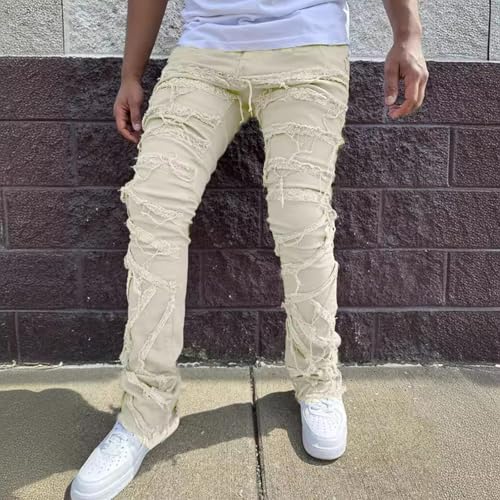 Jeans Pants Trouser Denim Stretch Trendy Street Personality Stacked Edge Tassel Workwear Straight Leg for Men2