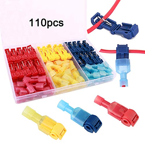 FULARR 110Pcs (55 Pairs) Premium T-Tap Cable Conectores Kit, T-Tap Rápido Empalme Terminal y Totalmente Aislado Macho Butt Terminal  Rojo 40Pcs, Azul 40Pcs, Amarillo 30Pcs